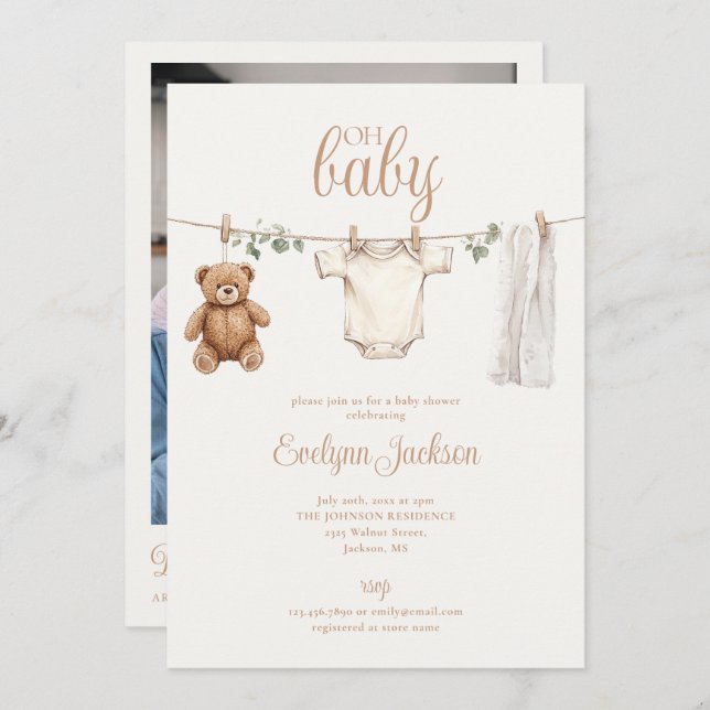 Clothesline Neutral Baby Shower Photo QR Code Invitation (Front/Back)