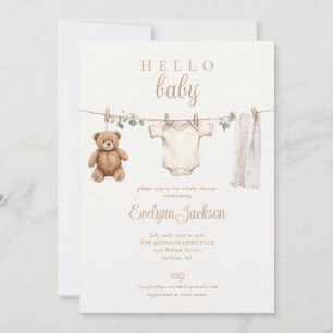 Clothesline Neutral Baby Shower Photo QR Code Invitation
