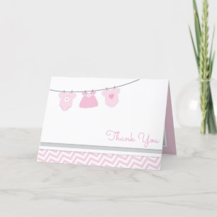 Clothesline Pink Grey Girl Baby Shower Thank You Card