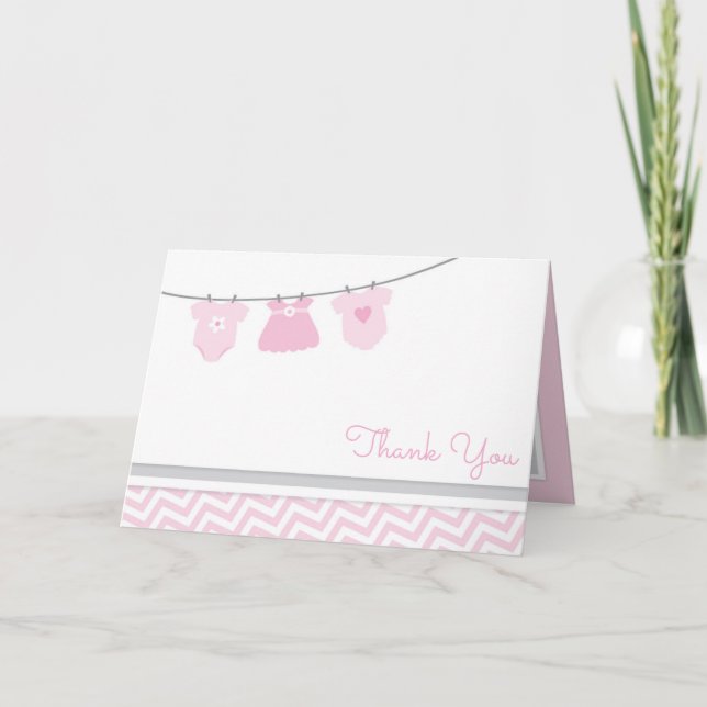 Clothesline Pink Grey Girl Baby Shower Thank You Card (Front)