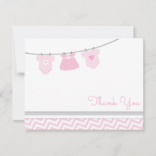 Clothesline Pink Grey Girl Baby Shower Thank You Card
