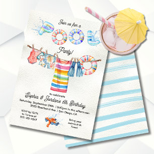 Clothesline Pool Party Birthday Invitation