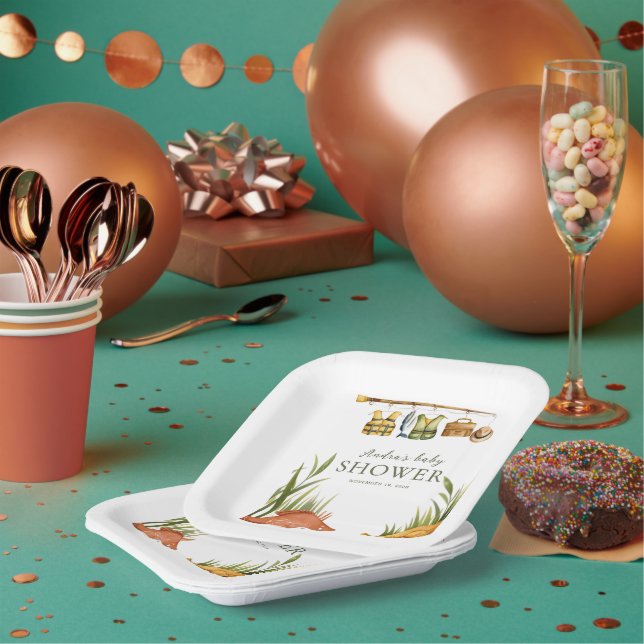 clothesline Reel Excited Fishing Baby Shower   Paper Plate (Multi)