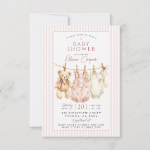 Clothesline Teddy Bear Pink Girl Baby Shower Invitation