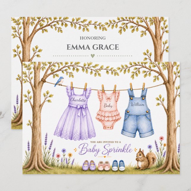 Clothesline Two Siblings Baby Sprinkle Invitation (Front/Back)