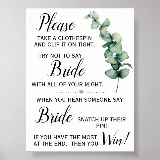 Clothespin Eucalyptus Bridal Shower Game Sign (Front)