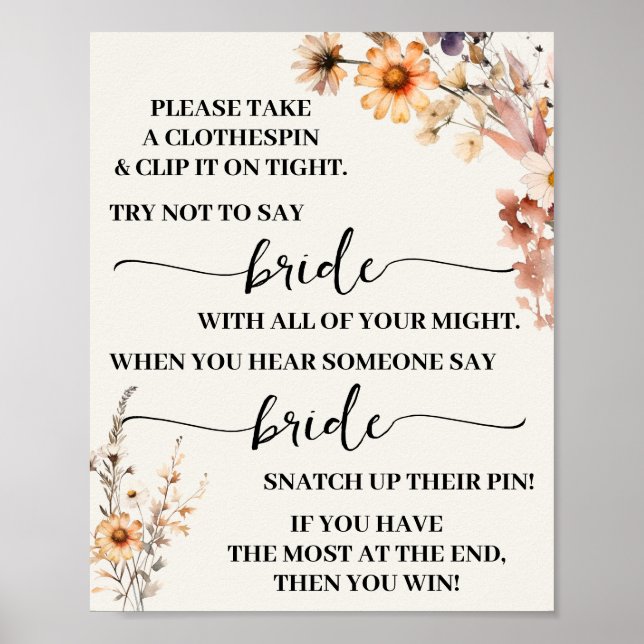 Clothespin Fall Wildflower Bridal Shower Game Sign (Front)