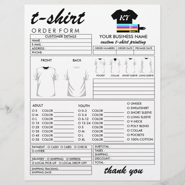 Clothing Apparel T-shirt Print Order Form Flyer (Front)