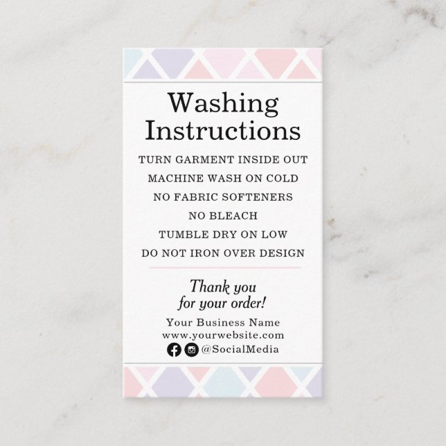 Clothing Care Washing Instructions Pastel Diamond Business Card (Front)