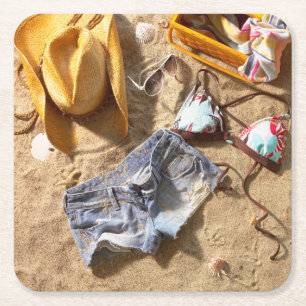 Clothing Left Behind On Beach Square Paper Coaster