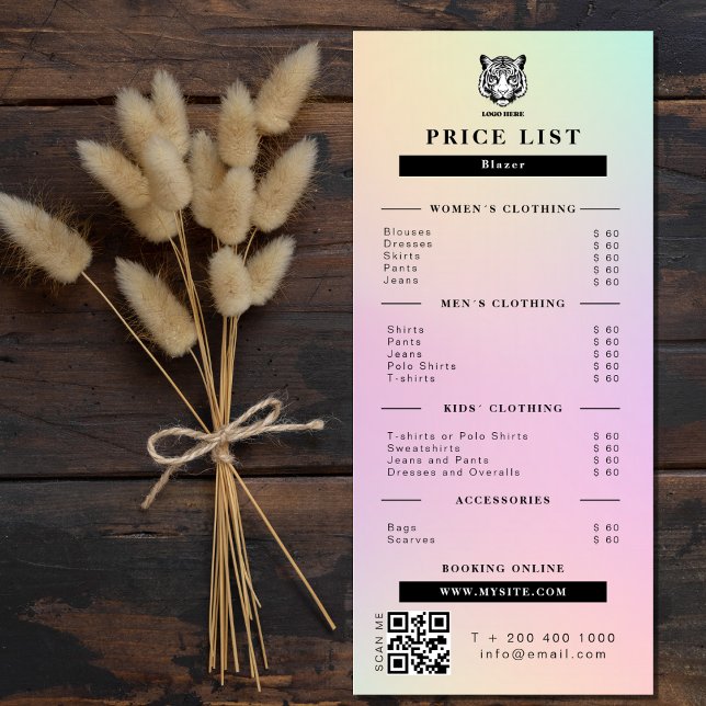 Clothing Store Price List Pink Holographic Rack Card (Clothing Store Price List Pink Holographic Rack Card)