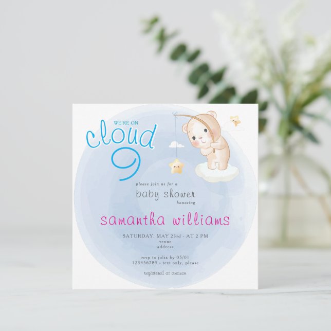 Cloud 9 Bearly Wait Blue Bear Star Boy Baby Shower Invitation (Standing Front)