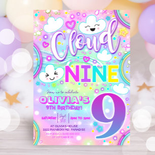 Cloud 9 Birthday Invitation Rainbow Neon
