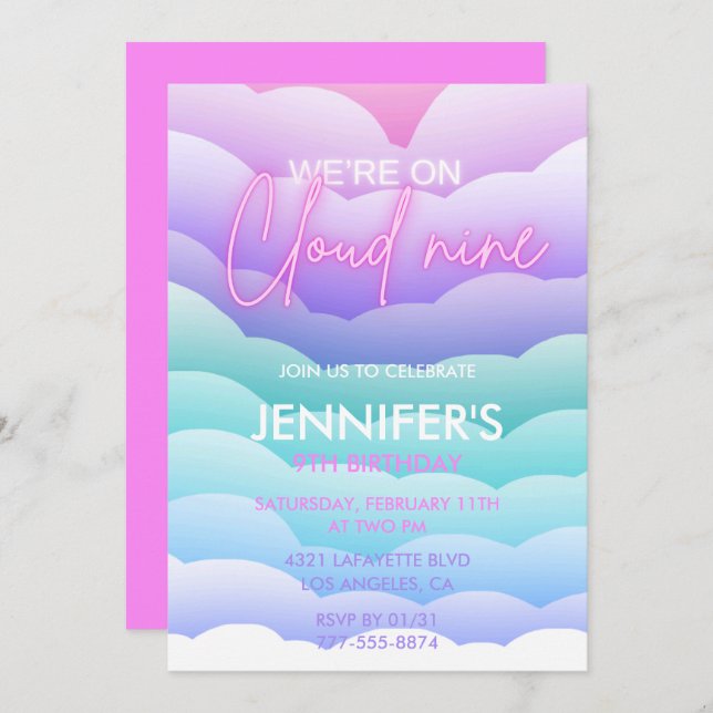 Cloud 9 birthday invitations Rainbow Purple Pink (Front/Back)