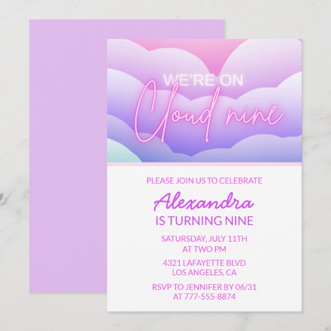 Cloud 9 Birthday Theme Invitations Rainbow (Front/Back)