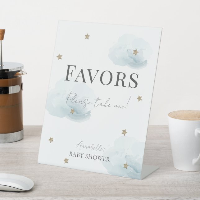 Cloud 9 Blue Clouds & Stars Boy Baby Shower Favour Pedestal Sign (In SItu)