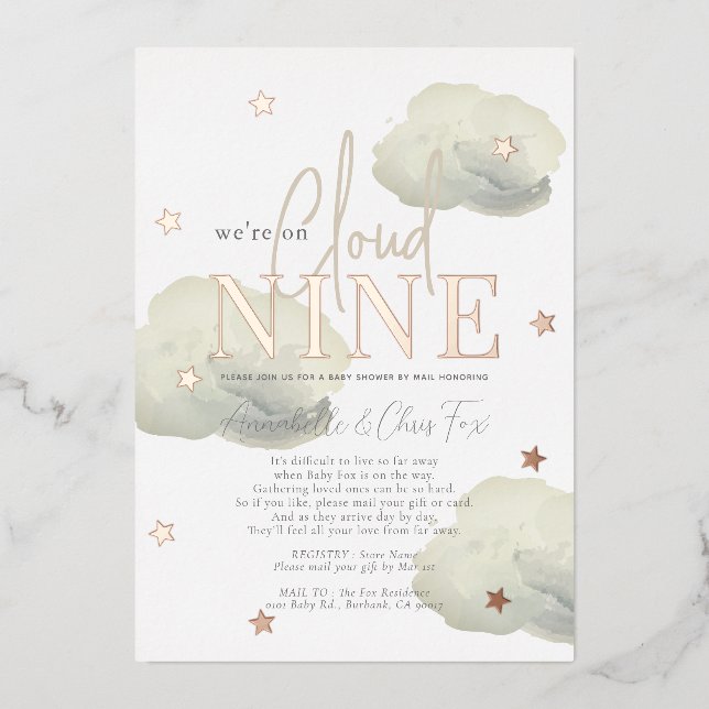 Cloud 9 Gold Clouds Watercolor Baby Shower by Mail (Front)