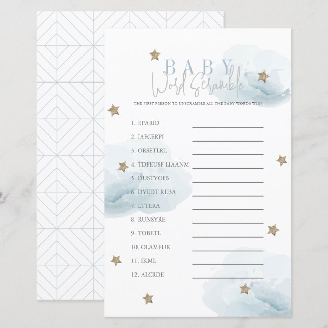 Cloud 9 Gold Stars Blue Baby Shower Word Scramble (Front/Back)