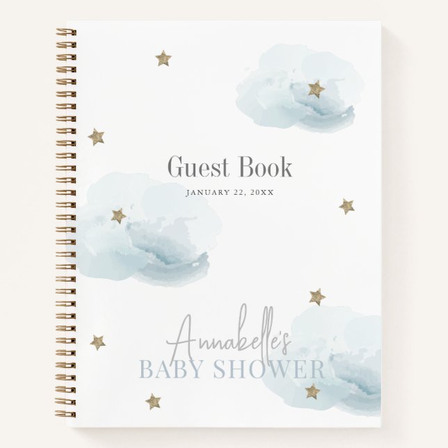 Cloud 9 Gold Stars Blue Boy Baby Shower Guest Book (Front)