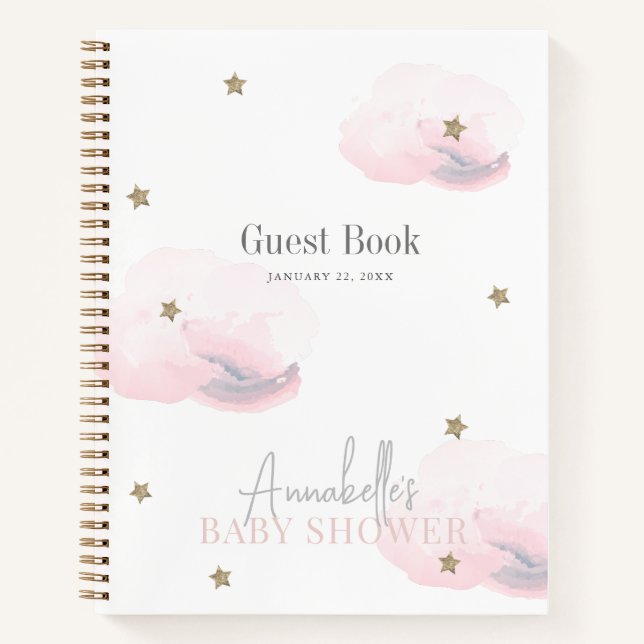 Cloud 9 Gold Stars Pink Gir Baby Shower Guest Book (Front)