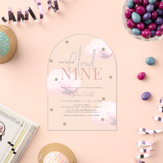 Cloud 9 Gold Stars Pink Girl Baby Shower Acrylic Invitations (Insitu (Celebration))