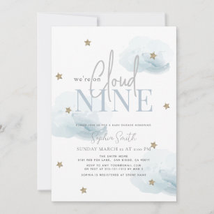 Cloud 9 Gold Stars Watercolor Boy Baby Shower Invitation