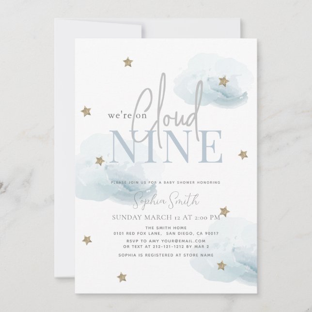 Cloud 9 Gold Stars Watercolor Boy Baby Shower Invitation (Front)