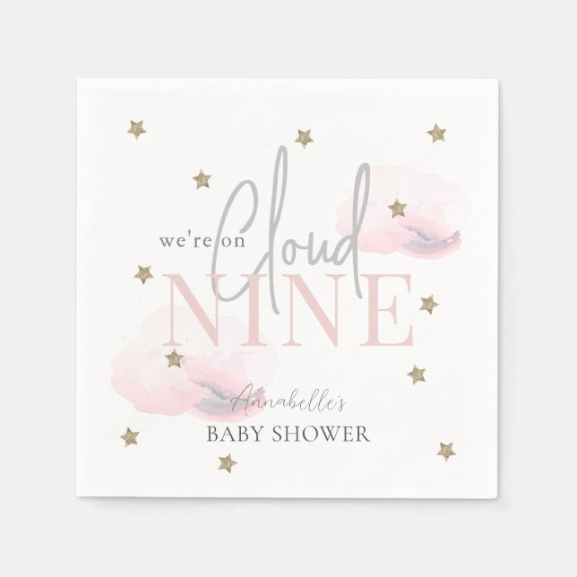 Cloud 9 Gold Stars Watercolor Girl Baby Shower Napkin (Front)