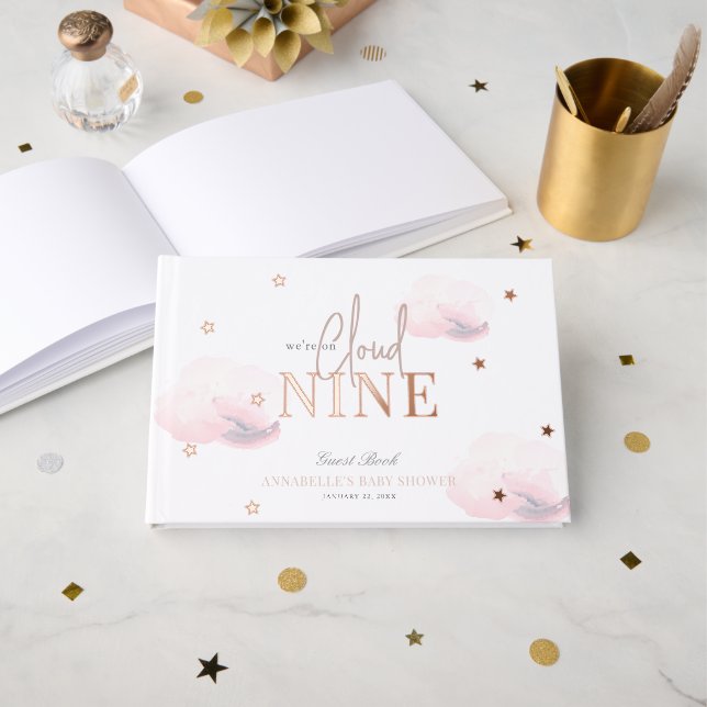 Cloud 9/Nine Pink Clouds Girl Baby Shower Guest Book (Front Open)