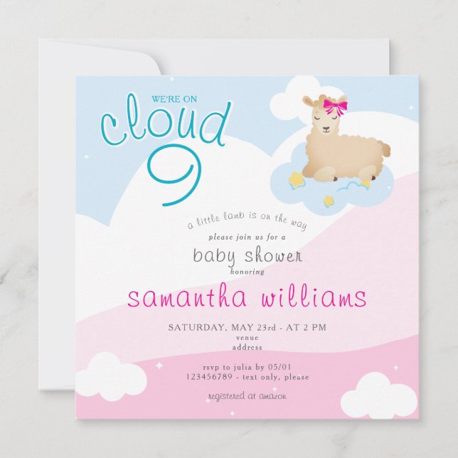 Cloud 9 Pink Little Lamb Spring Girl Baby Shower Invitation (Front)