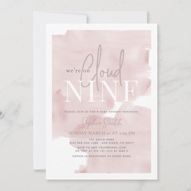 Cloud 9 Pink Sky Watercolor Girl Baby Shower Invitation (Front)