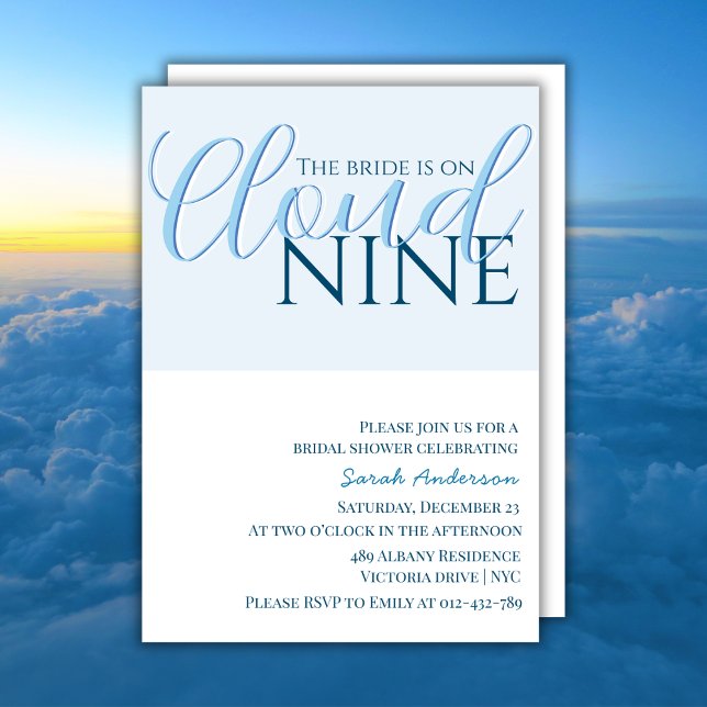 Cloud 9 Simple Typography blue bridal shower Invitation (Creator Uploaded)