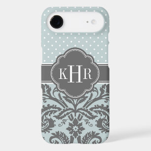 Cloud and Charcoal Grey Damask Polka Dots Monogram