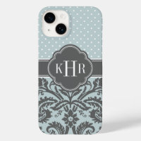 Cloud and Charcoal Grey Damask Polka Dots Monogram