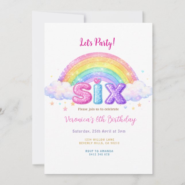 Cloud and Rainbow 6th Birthday Party  Invitation (Front)