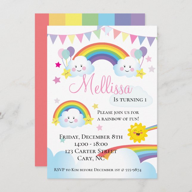 Cloud and Rainbow Children Birthday party Invitation (Front/Back)