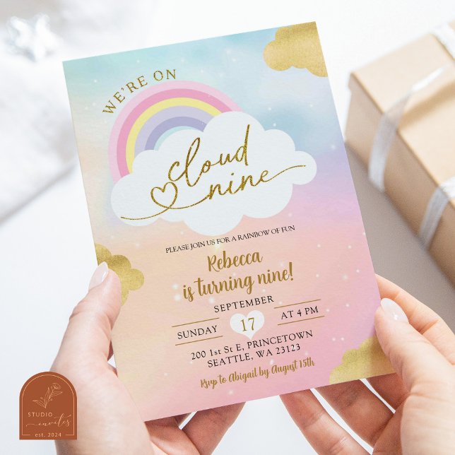 Cloud and rainbow Kid's Colourful 9th Birthday Invitation (Creator Uploaded)