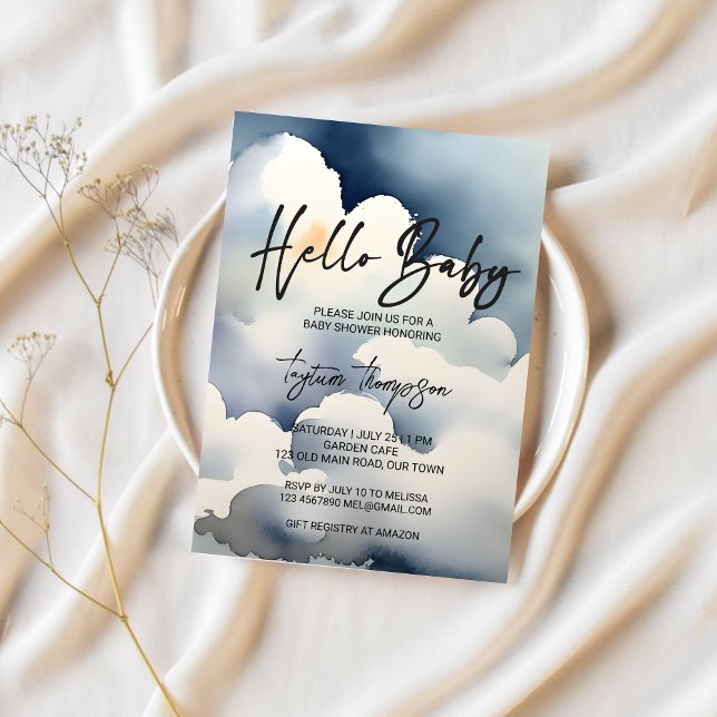 Cloud baby shower grey clouds baby shower invitation (Cloud baby shower editable template invitation digital download watercolor clouds modern casual font)