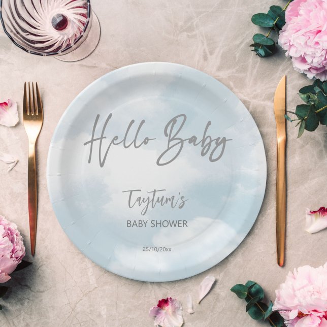 Cloud baby shower grey clouds baby shower template paper plate (Cloud baby shower grey clouds baby shower template paper plates personalized tableware hello baby)