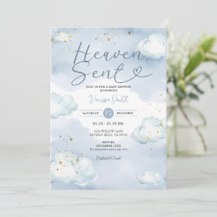 Cloud Blue Heaven Sent Baby Shower Gold Glitter Invitation