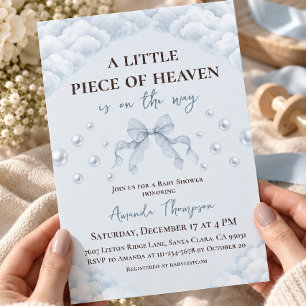Cloud Bow Boy Little Piece of Heaven Baby Shower Invitation