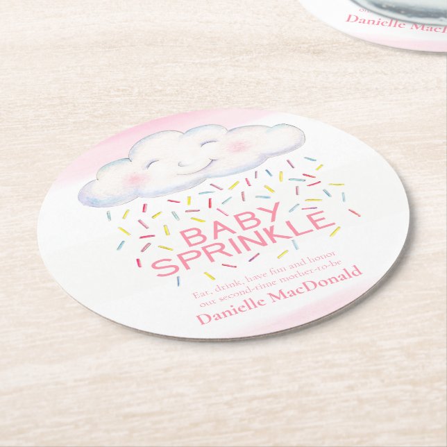 Cloud candy pink baby sprinkle colourful watercolo round paper coaster (Angled)
