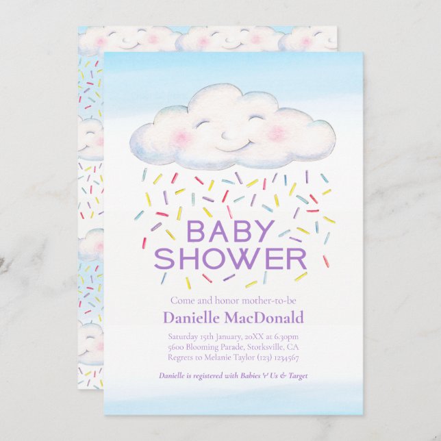 Cloud candy sprinkles watercolor baby shower invitation (Front/Back)