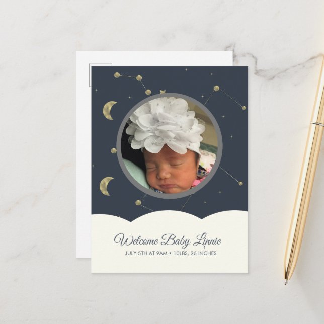 Cloud Constellation Faux Gold Baby Blue Announcement Postcard (Front/Back In Situ)