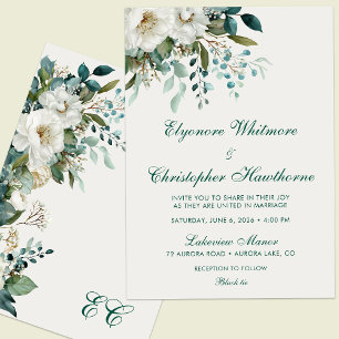 Cloud Dancer Forest Teal Script Floral Wedding Invitation