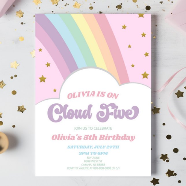 Cloud Five Rainbow and Stars 5th Birthday Party Invitation (Creator Uploaded)