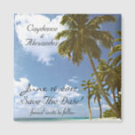 Cloud Heart & Palm Tree Magnet<br><div class="desc">"Save the date!" Beautiful Island with Palm Tree's, blue sky and the ocean breeze. This delightful magnet has a white cloud shaped like a heart! Your wedding guests will love this perfect reminder. Are you having a beach wedding? This magnet is a must have! Purchase in bulk and save. Personalise...</div>