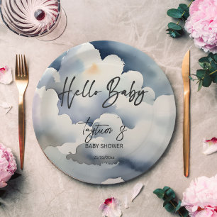 Cloud hello baby baby shower grey clouds template paper plate