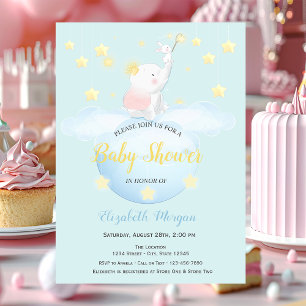 Cloud Moon,Stars Elephant Blue Dots Baby Shower Invitation