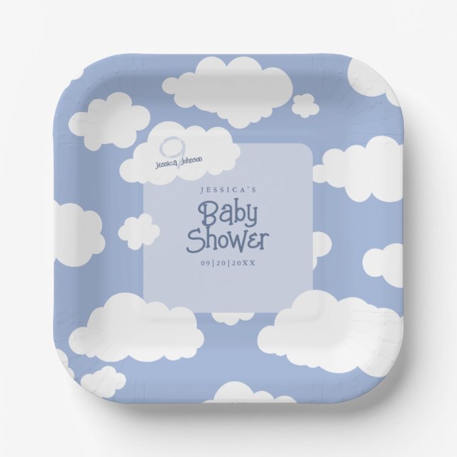 Cloud Nine 9 Baby Shower Cute Whimsical Square Paper Plate (Front)